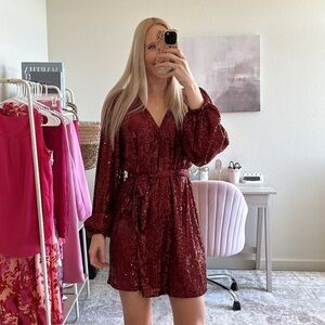 VICI Maroon Sequin Faux Wrap Mini Dress
